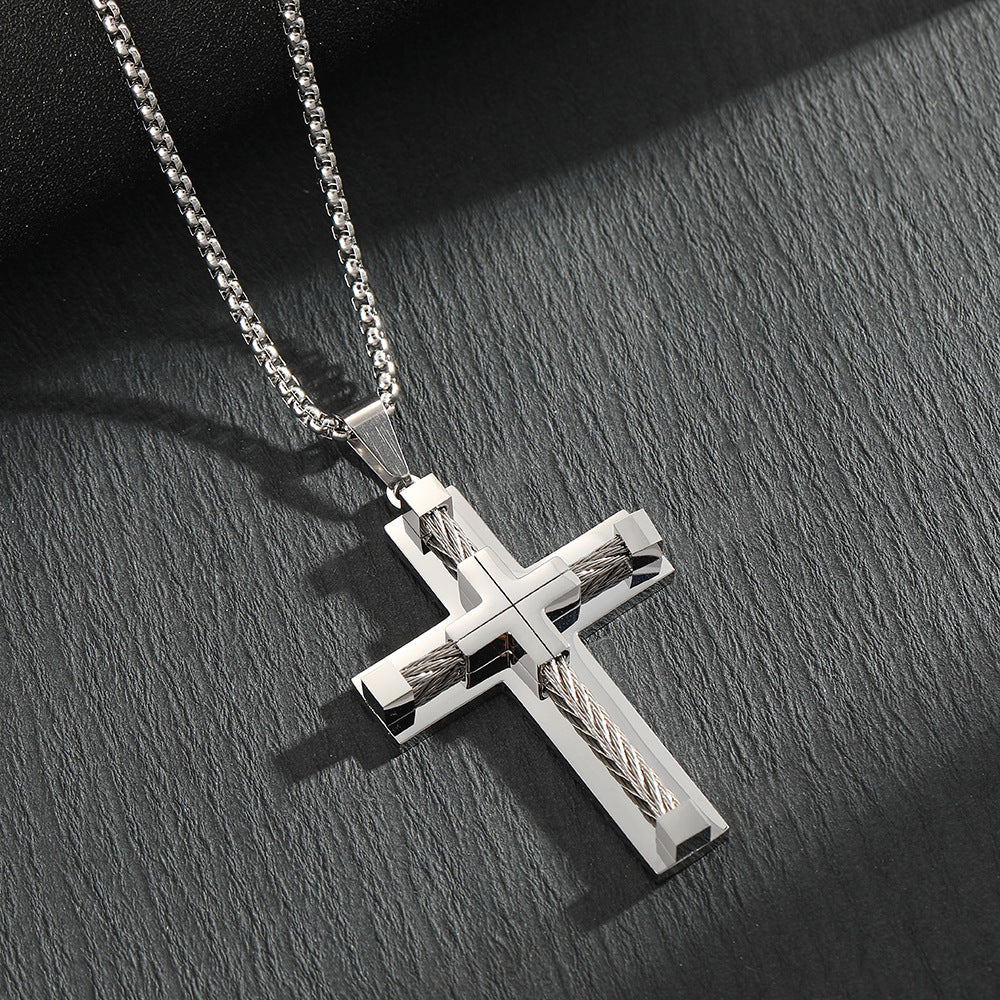 Hot selling stainless steel necklace, men's classic retro accessory necklace, personalized neutral style creative accessory, cross pendant