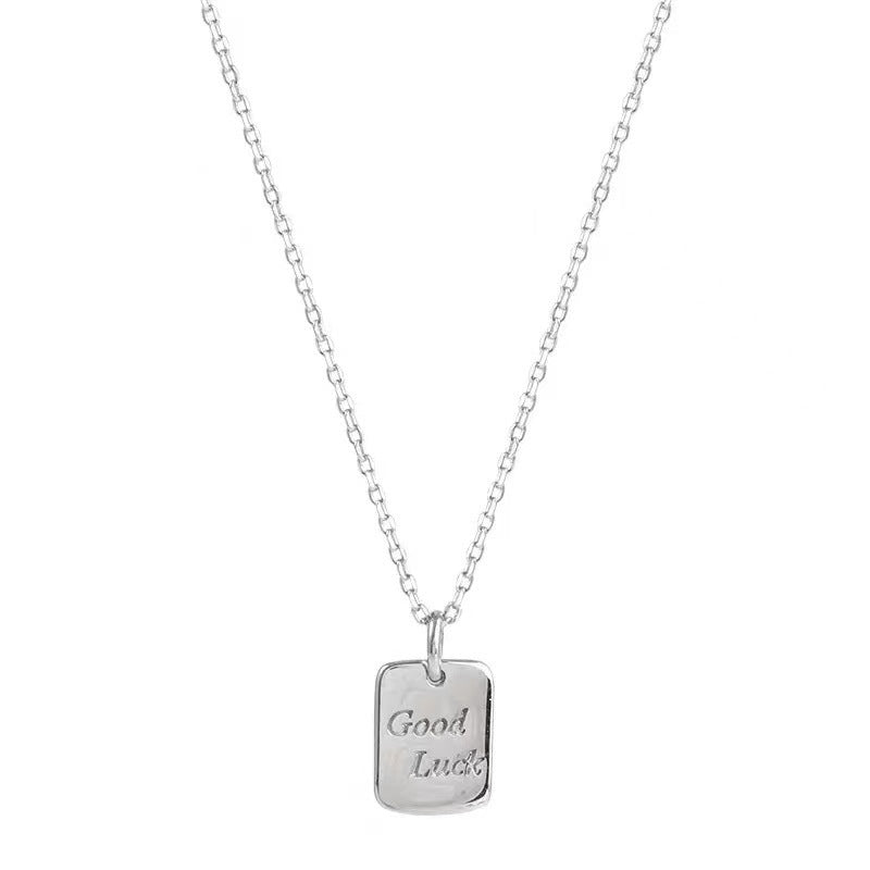 S925 pure silver goodluck small square brand necklace for women, simple and cool style, versatile pure silver collarbone chain