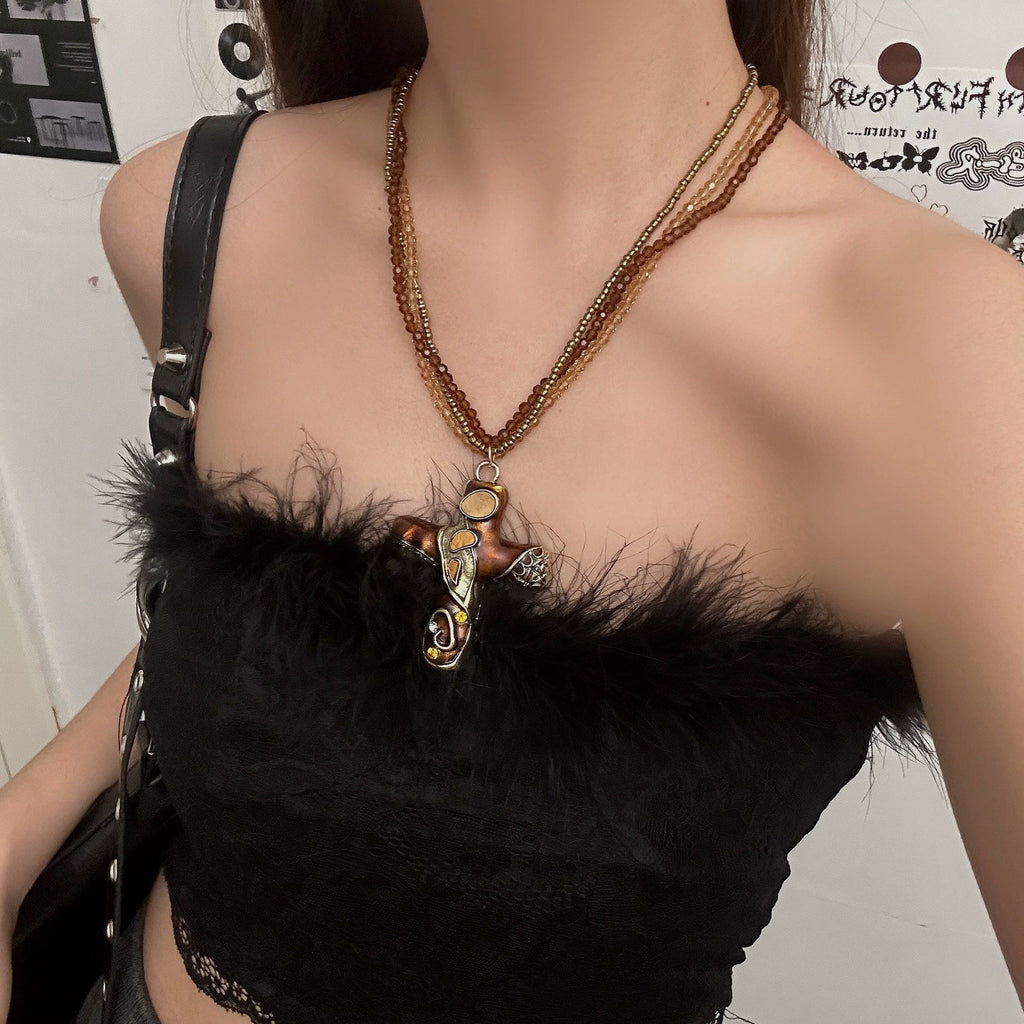European and American cross heavy industry pearl necklace, dark gothic style multi-layer layered necklace, niche design accessory
