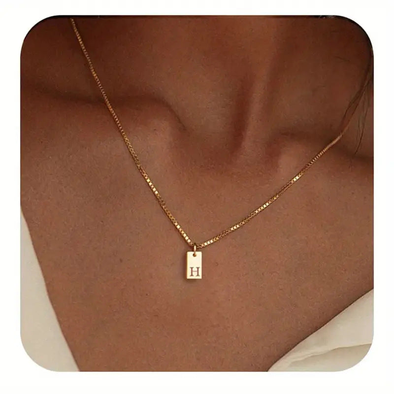 Geometric Metal Carving 26 English Letter Square Pendant Women's Necklace Copper Plated 14K Gold