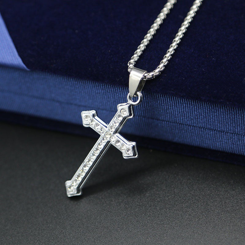 European and American jewelry, diamond necklace, cross pendant, simple retro versatile men's accessories, sweater chain