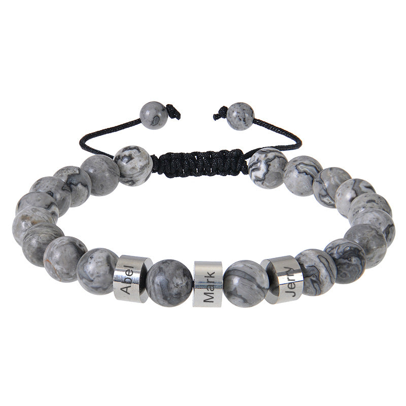 Stainless steel engraved bracelet 8mm natural tiger eye stone volcanic stone custom name bracelet men's Father's Day bracelet