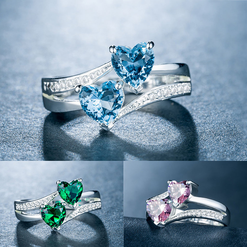 Creative design of twin heart shaped zircon inlaid ring, European and American wish hot selling ring, cross-border jewelry