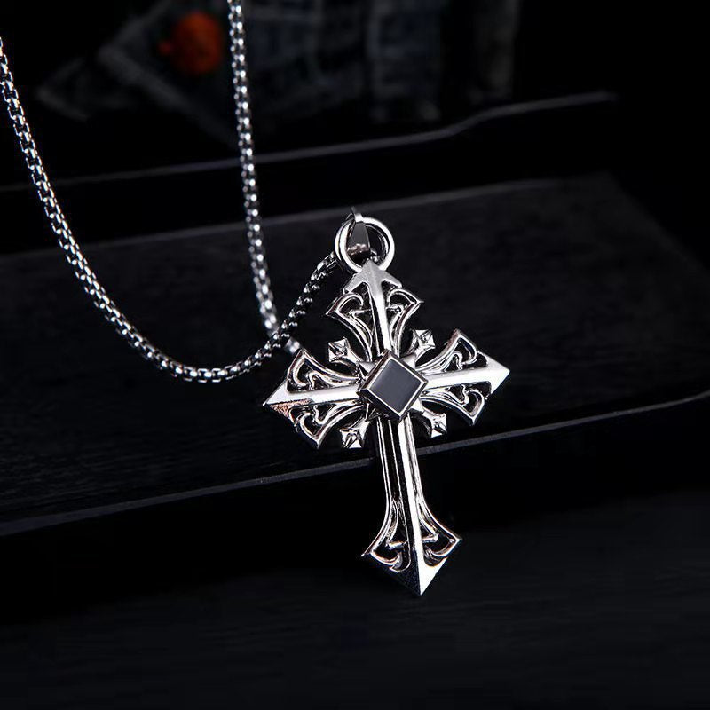 European and American jewelry, diamond necklace, cross pendant, simple retro versatile men's accessories, sweater chain