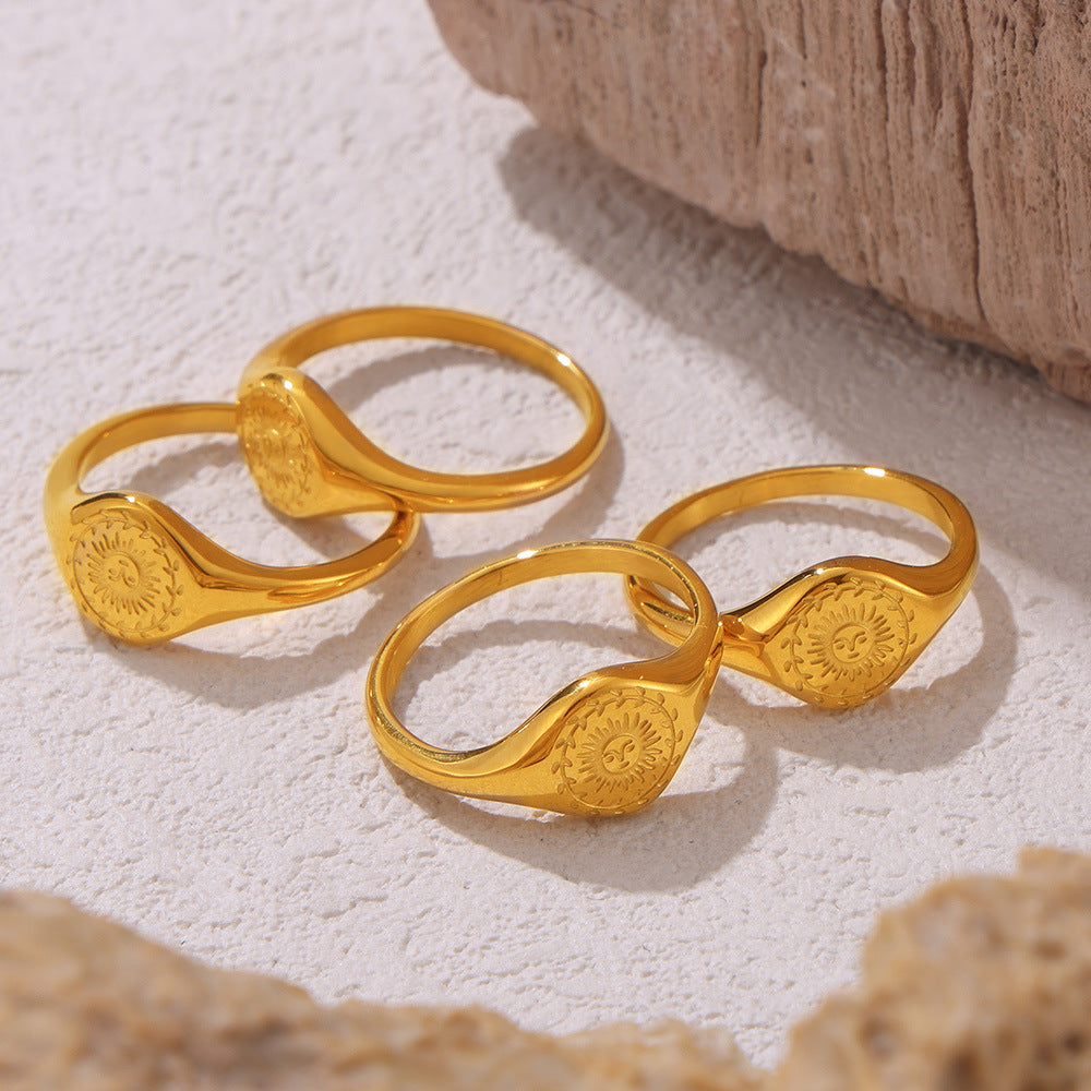 Hot selling European and American style sun patterned carved goddess statue ring with simple retro design titanium steel plated with 18k gold