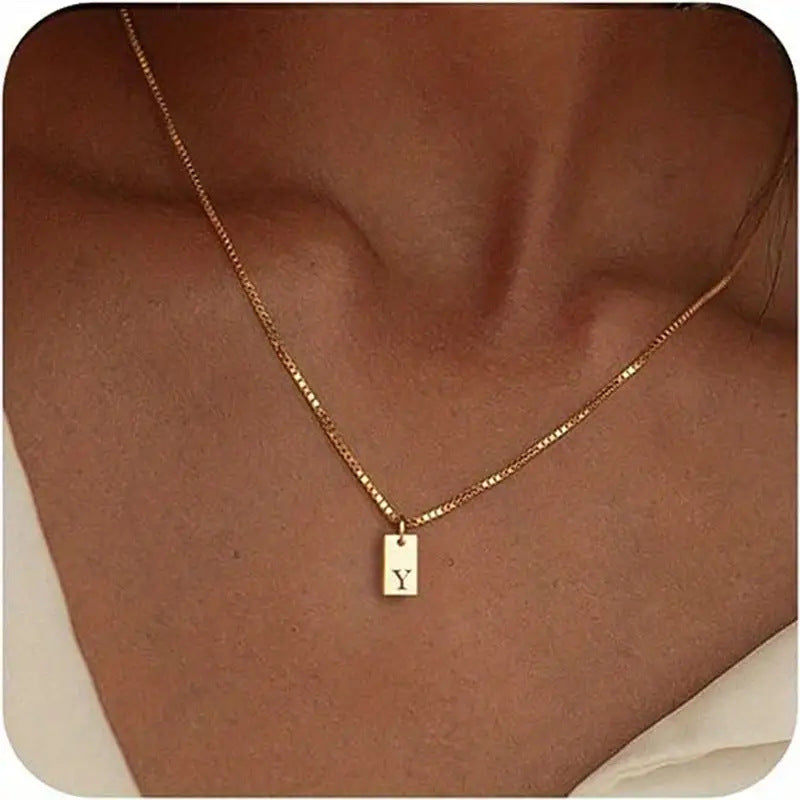 Geometric Metal Carving 26 English Letter Square Pendant Women's Necklace Copper Plated 14K Gold