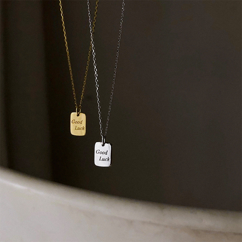 S925 pure silver goodluck small square brand necklace for women, simple and cool style, versatile pure silver collarbone chain