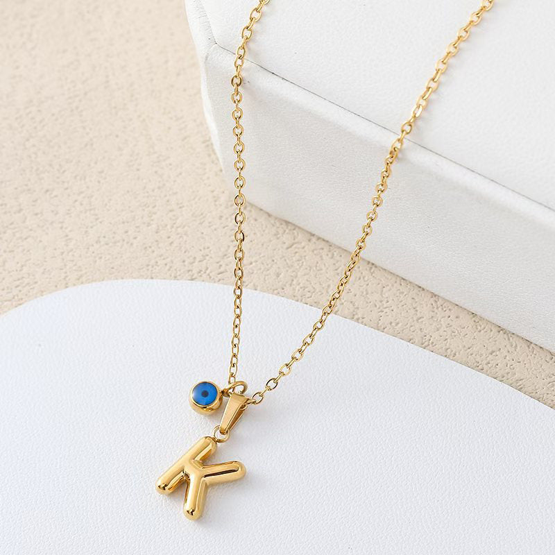Personalized letter eye necklace, simple stainless steel collarbone chain, English letter pendant