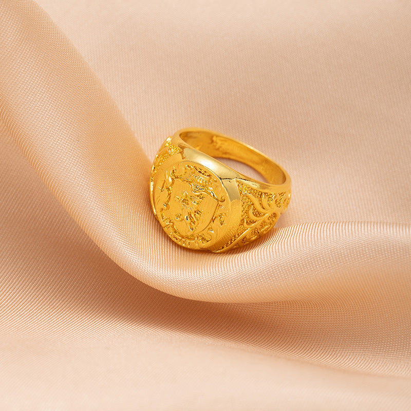 European and American style men's wide retro ring badge carved pattern ring fashionable personality trendy cool hand jewelry
