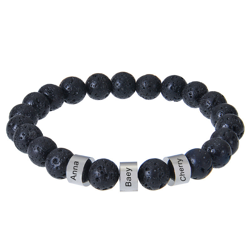 Stainless steel engraved bracelet 8mm natural tiger eye stone volcanic stone custom name bracelet men's Father's Day bracelet