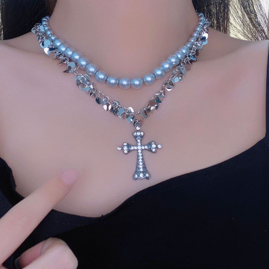 European and American cross heavy industry pearl necklace, dark gothic style multi-layer layered necklace, niche design accessory