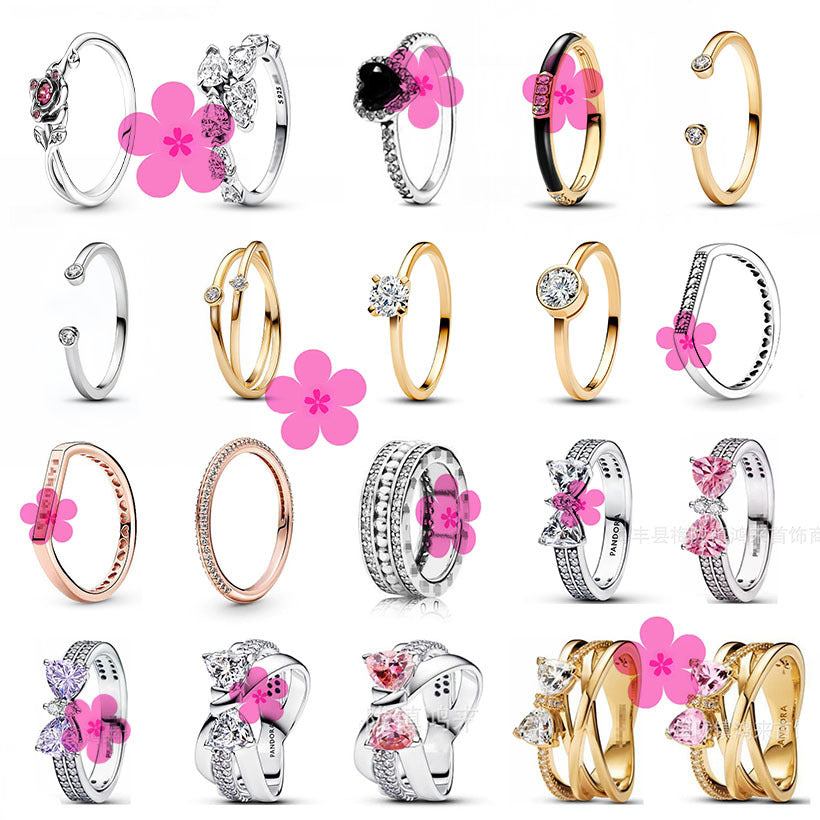 New style white copper plated 925 silver inlaid with diamonds, pink heart-shaped butterfly, simple rose, fashionable ring