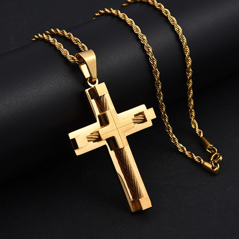 Hot selling stainless steel necklace, men's classic retro accessory necklace, personalized neutral style creative accessory, cross pendant
