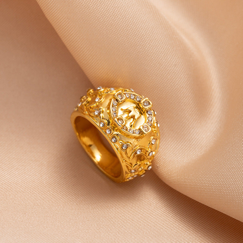 European and American style men's wide retro ring badge carved pattern ring fashionable personality trendy cool hand jewelry
