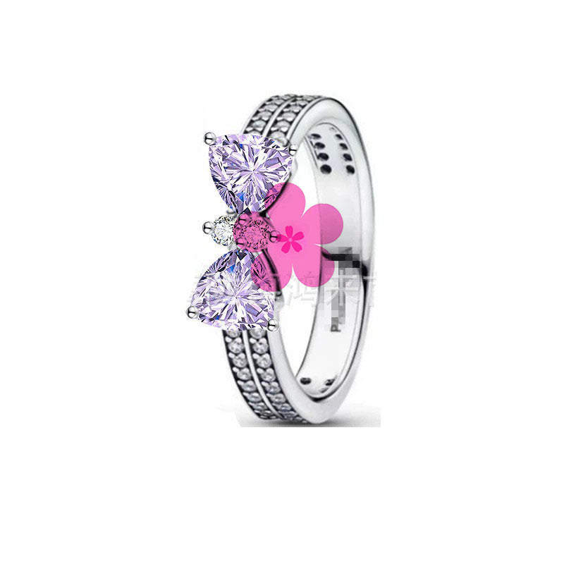 New style white copper plated 925 silver inlaid with diamonds, pink heart-shaped butterfly, simple rose, fashionable ring