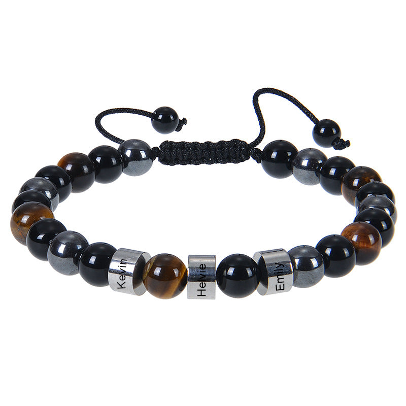 Stainless steel engraved bracelet 8mm natural tiger eye stone volcanic stone custom name bracelet men's Father's Day bracelet