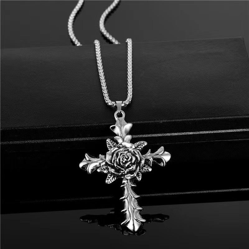 European and American jewelry, diamond necklace, cross pendant, simple retro versatile men's accessories, sweater chain