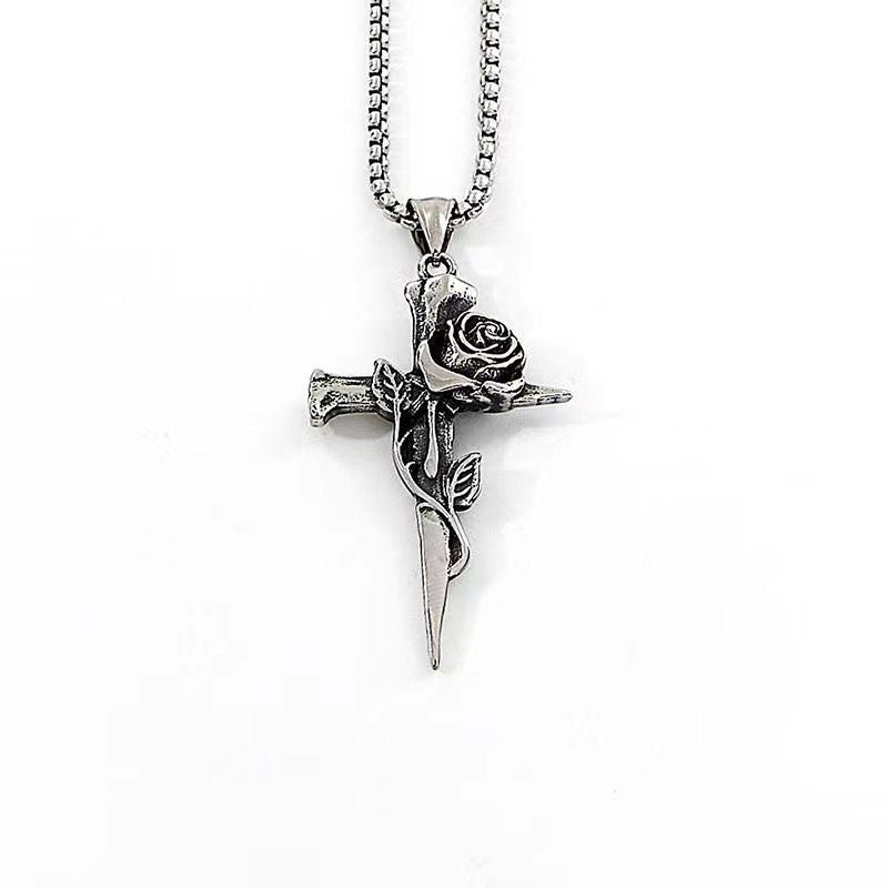 European and American jewelry, diamond necklace, cross pendant, simple retro versatile men's accessories, sweater chain