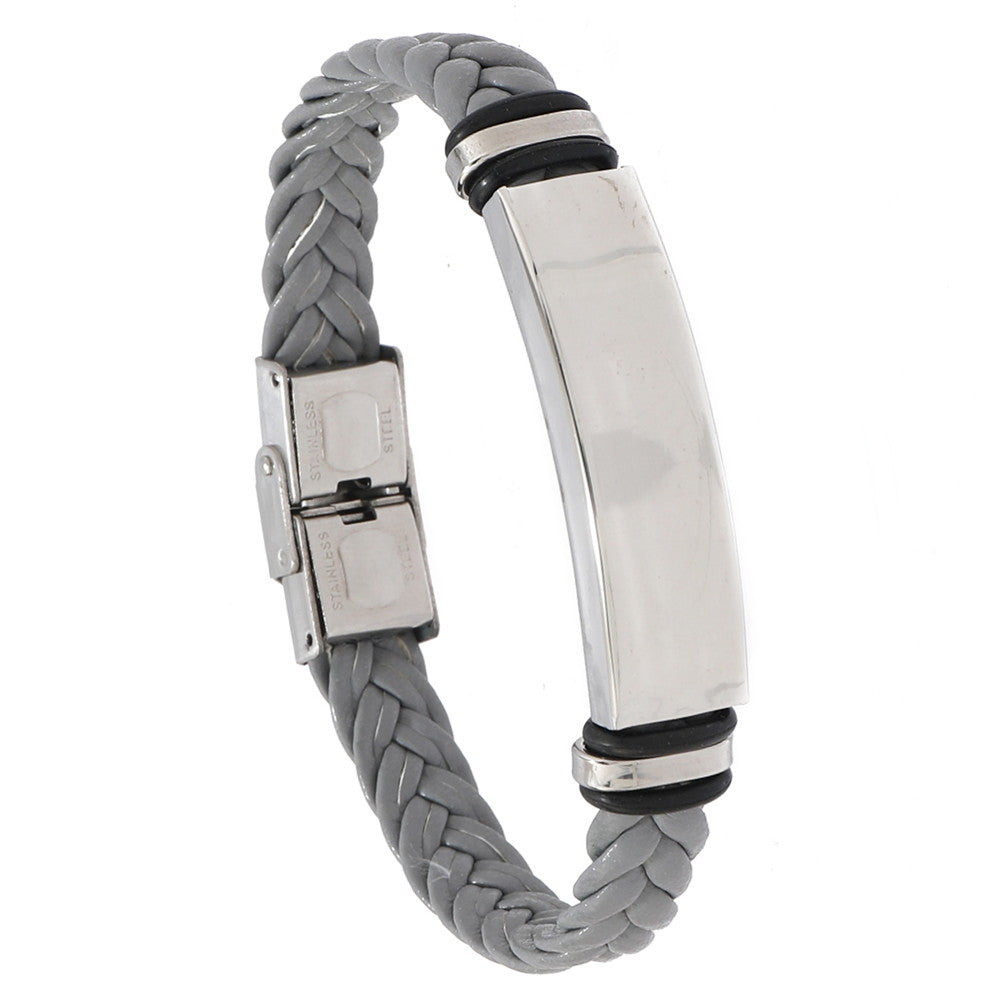 Cross border European and American stainless steel simple bracelet, light plate engraved leather woven bracelet, men's bracelet