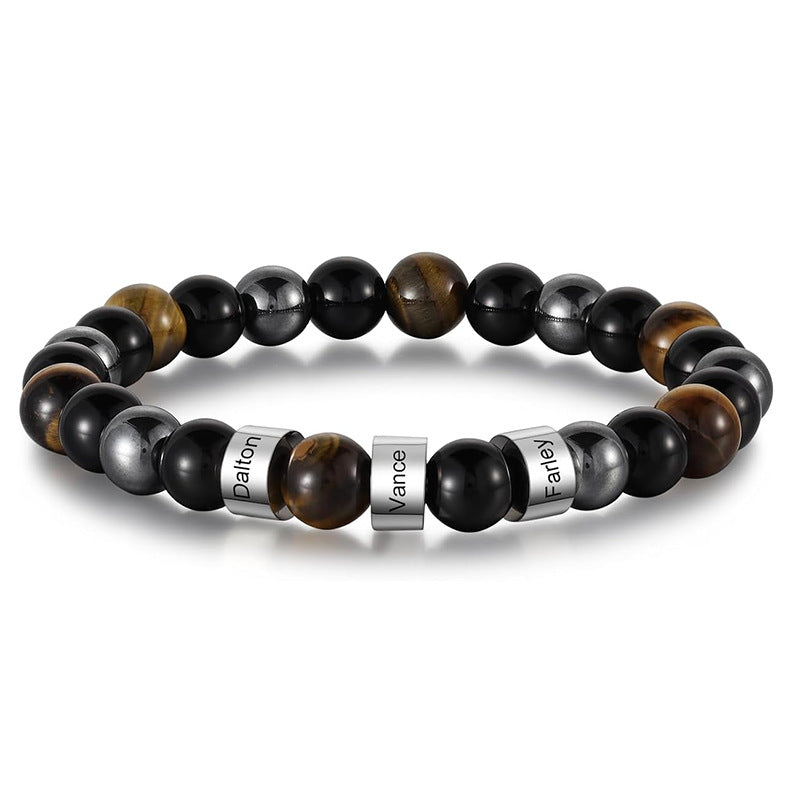Stainless steel engraved bracelet 8mm natural tiger eye stone volcanic stone custom name bracelet men's Father's Day bracelet