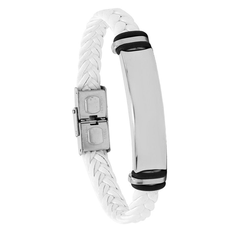 Cross border European and American stainless steel simple bracelet, light plate engraved leather woven bracelet, men's bracelet