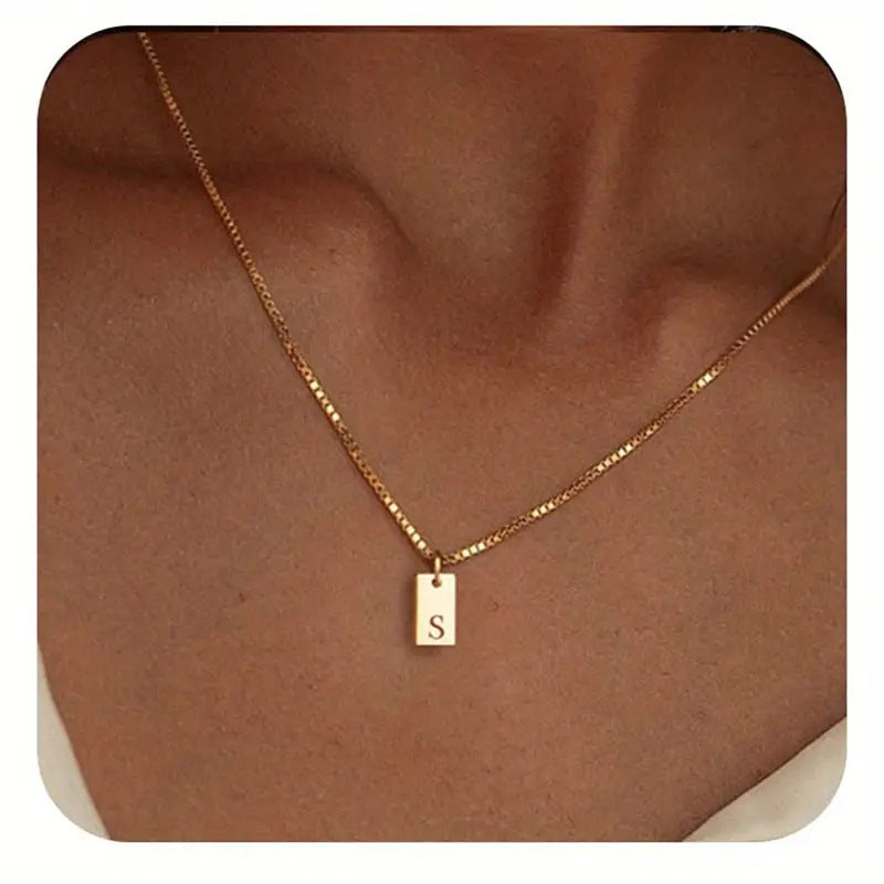 Geometric Metal Carving 26 English Letter Square Pendant Women's Necklace Copper Plated 14K Gold