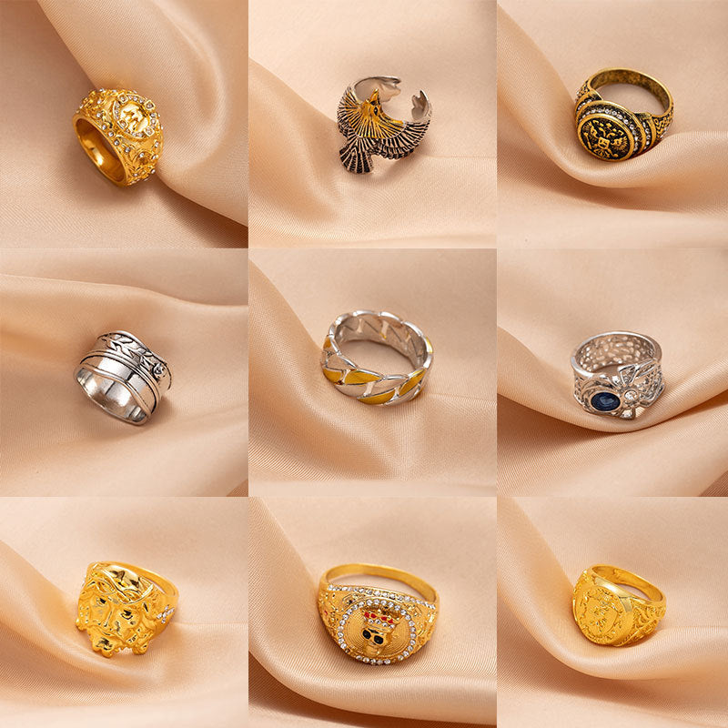 European and American style men's wide retro ring badge carved pattern ring fashionable personality trendy cool hand jewelry