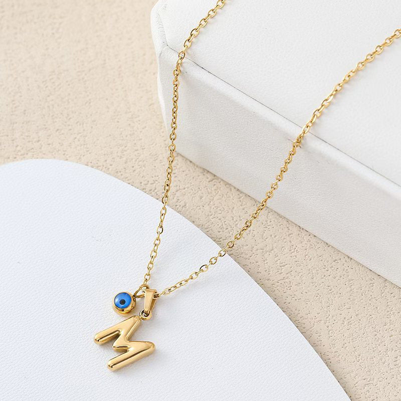 Personalized letter eye necklace, simple stainless steel collarbone chain, English letter pendant