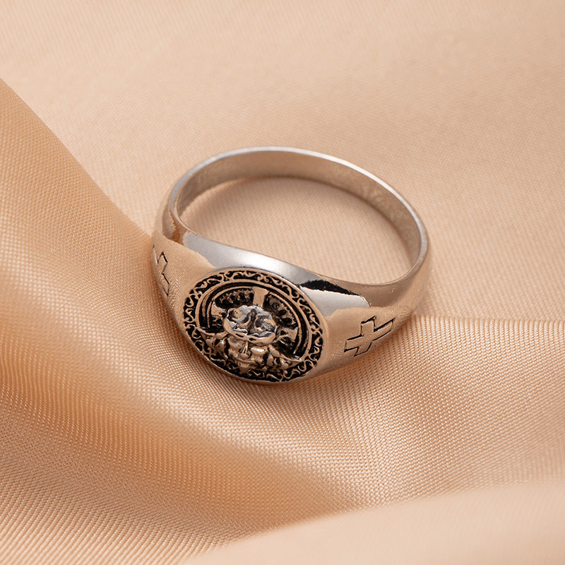 European and American style men's wide retro ring badge carved pattern ring fashionable personality trendy cool hand jewelry