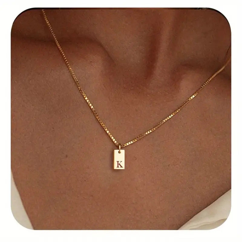 Geometric Metal Carving 26 English Letter Square Pendant Women's Necklace Copper Plated 14K Gold