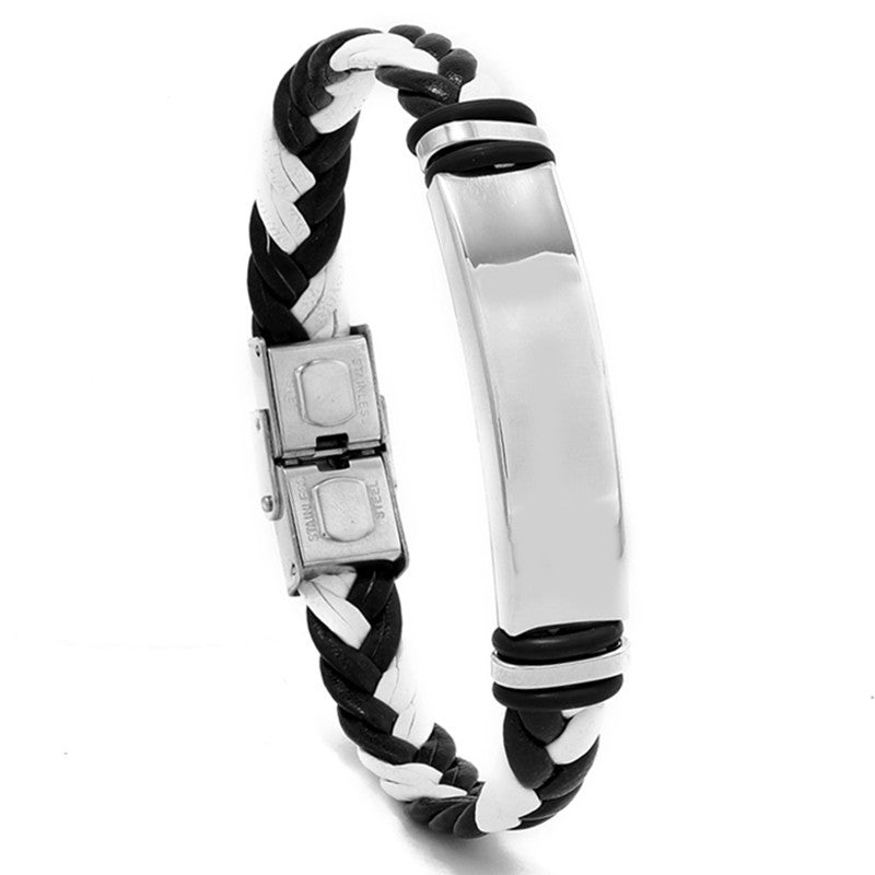 Cross border European and American stainless steel simple bracelet, light plate engraved leather woven bracelet, men's bracelet