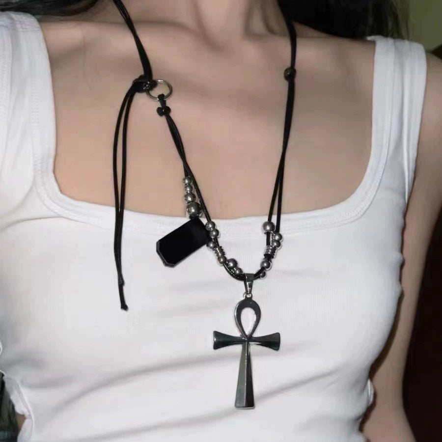 European and American cross heavy industry pearl necklace, dark gothic style multi-layer layered necklace, niche design accessory