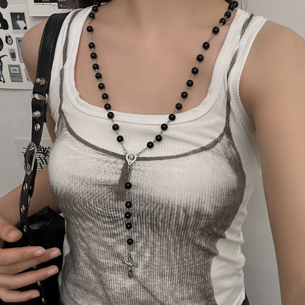 European and American cross heavy industry pearl necklace, dark gothic style multi-layer layered necklace, niche design accessory
