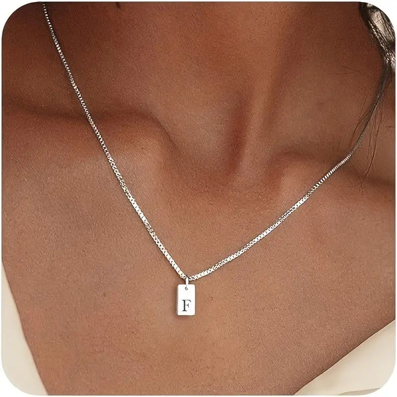 Geometric Metal Carving 26 English Letter Square Pendant Women's Necklace Copper Plated 14K Gold