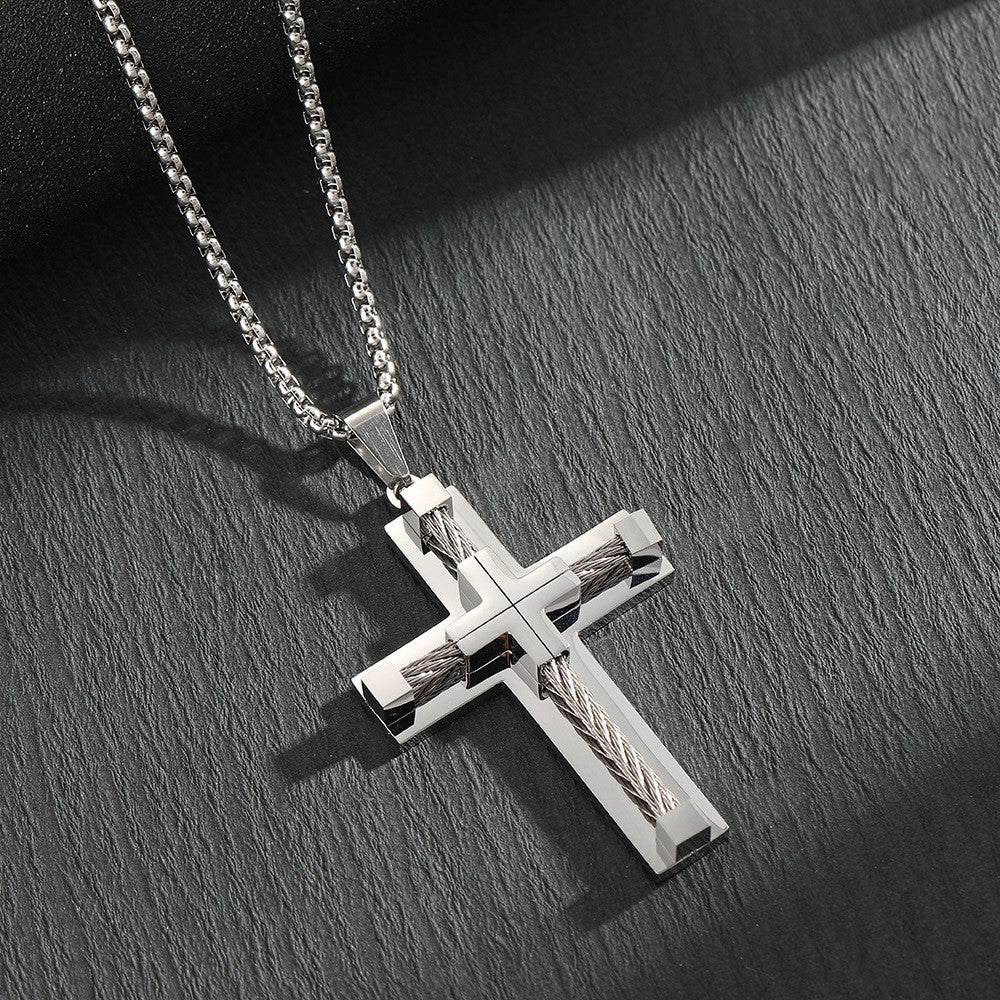 Hot selling stainless steel necklace, men's classic retro accessory necklace, personalized neutral style creative accessory, cross pendant