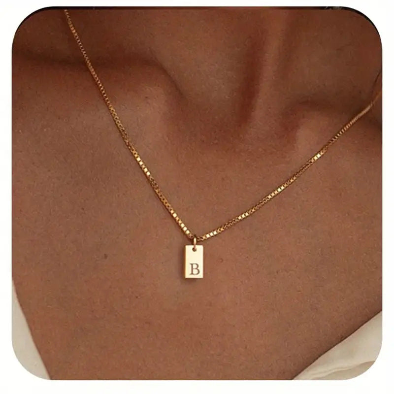 Geometric Metal Carving 26 English Letter Square Pendant Women's Necklace Copper Plated 14K Gold