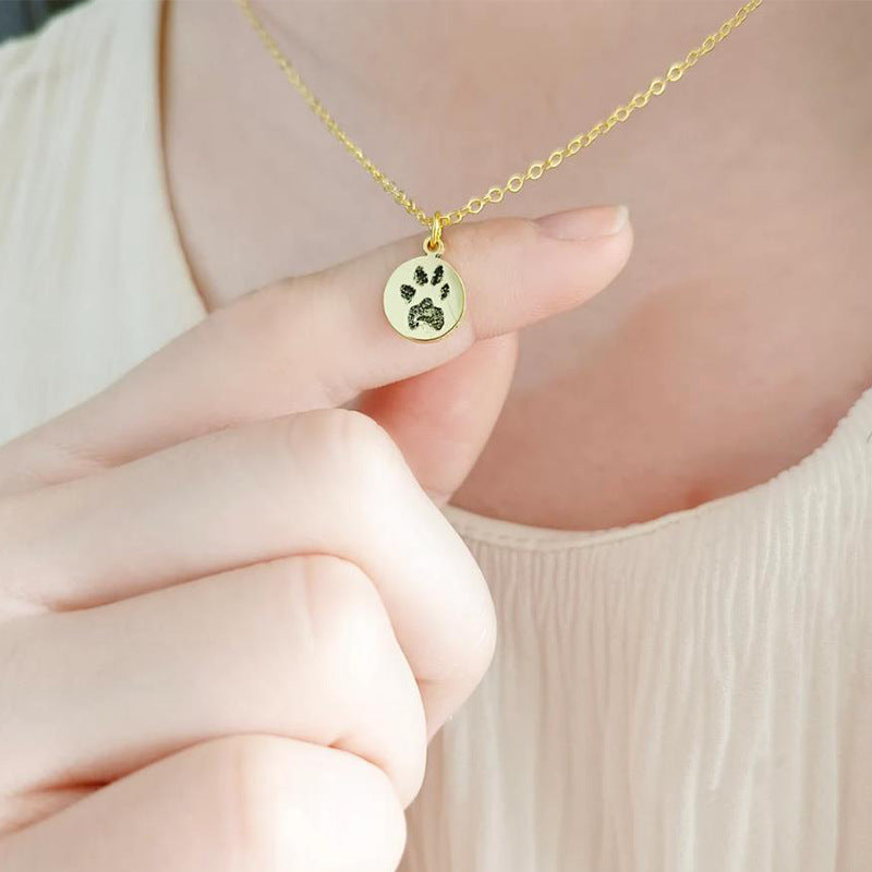 European and American popular dog paw DIY round brand engraved name titanium steel necklace pet commemoration
