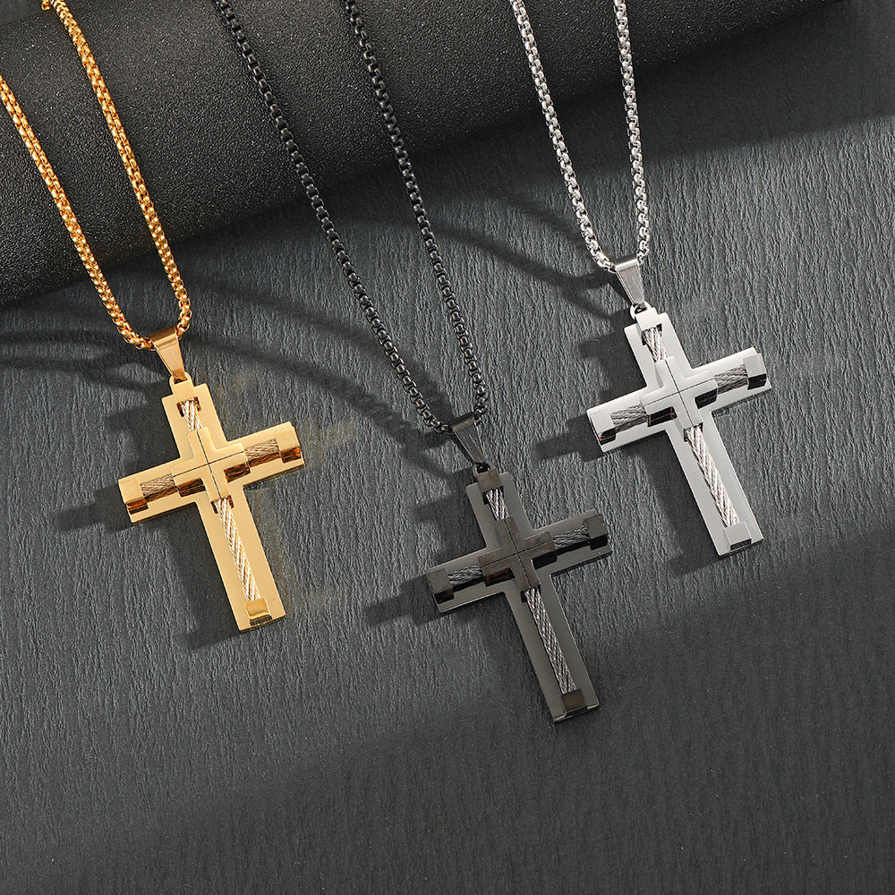 Hot selling stainless steel necklace, men's classic retro accessory necklace, personalized neutral style creative accessory, cross pendant