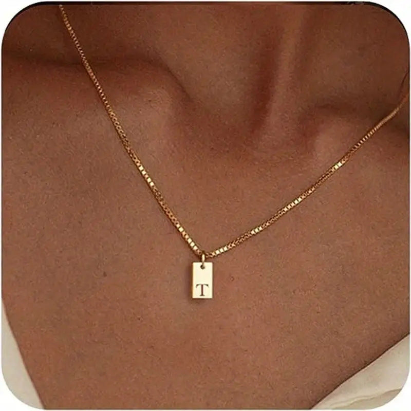 Geometric Metal Carving 26 English Letter Square Pendant Women's Necklace Copper Plated 14K Gold