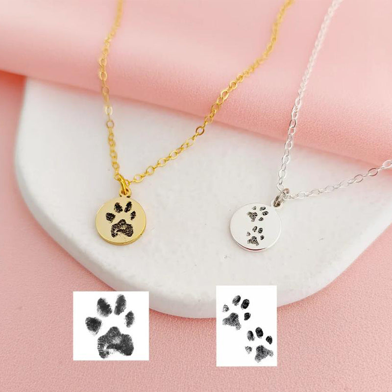 European and American popular dog paw DIY round brand engraved name titanium steel necklace pet commemoration