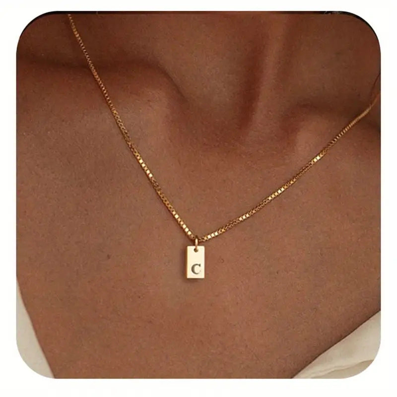 Geometric Metal Carving 26 English Letter Square Pendant Women's Necklace Copper Plated 14K Gold