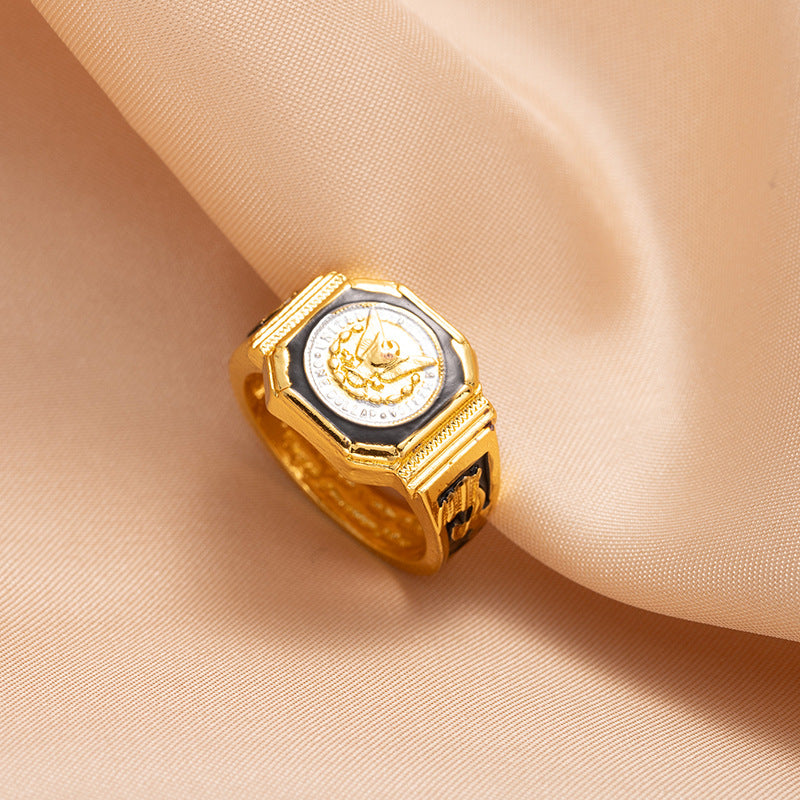 European and American style men's wide retro ring badge carved pattern ring fashionable personality trendy cool hand jewelry