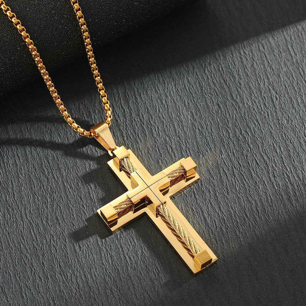 Hot selling stainless steel necklace, men's classic retro accessory necklace, personalized neutral style creative accessory, cross pendant