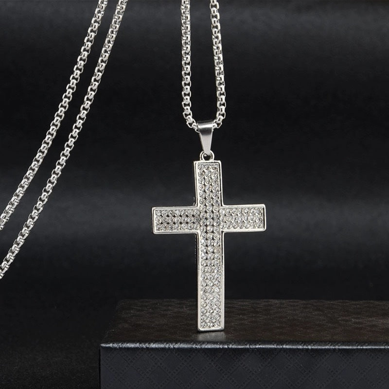 European and American jewelry, diamond necklace, cross pendant, simple retro versatile men's accessories, sweater chain