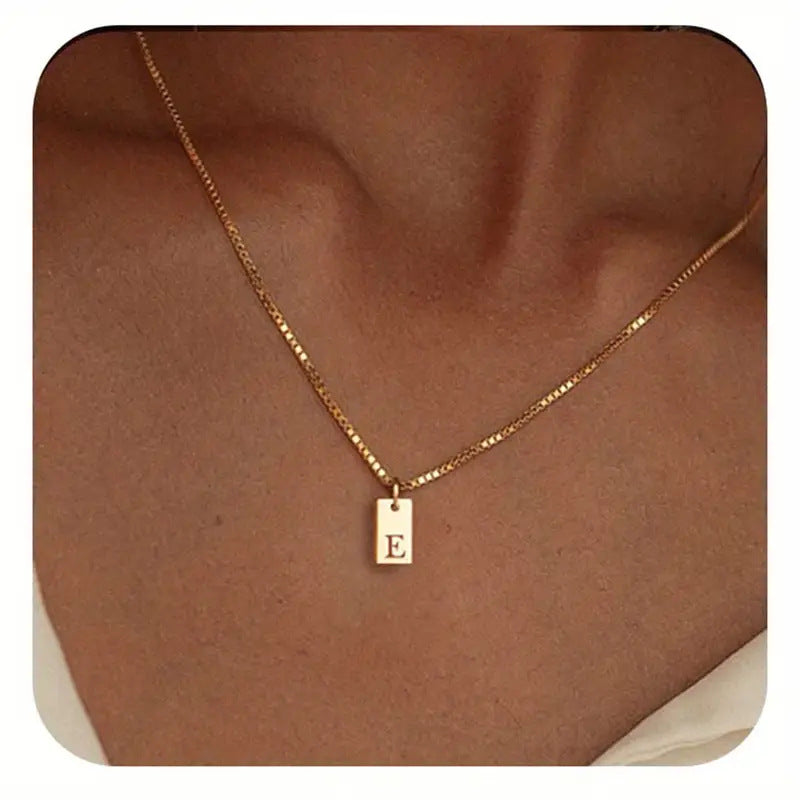 Geometric Metal Carving 26 English Letter Square Pendant Women's Necklace Copper Plated 14K Gold