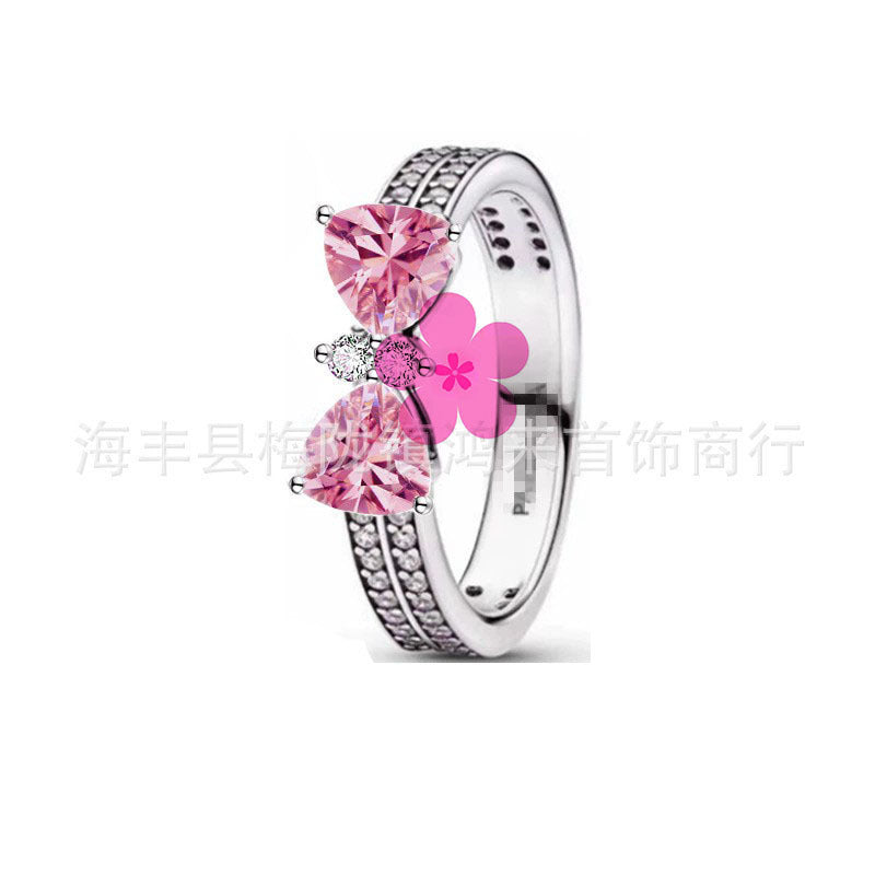 New style white copper plated 925 silver inlaid with diamonds, pink heart-shaped butterfly, simple rose, fashionable ring