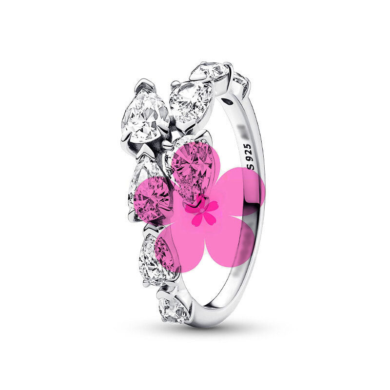 New style white copper plated 925 silver inlaid with diamonds, pink heart-shaped butterfly, simple rose, fashionable ring