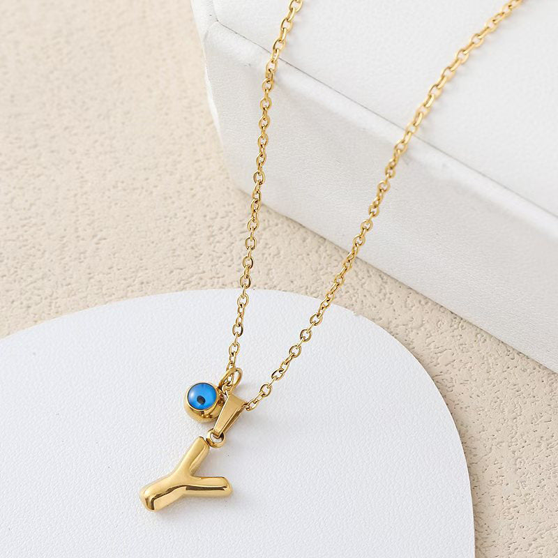Personalized letter eye necklace, simple stainless steel collarbone chain, English letter pendant
