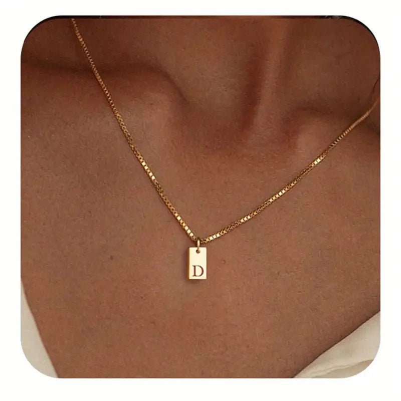 Geometric Metal Carving 26 English Letter Square Pendant Women's Necklace Copper Plated 14K Gold