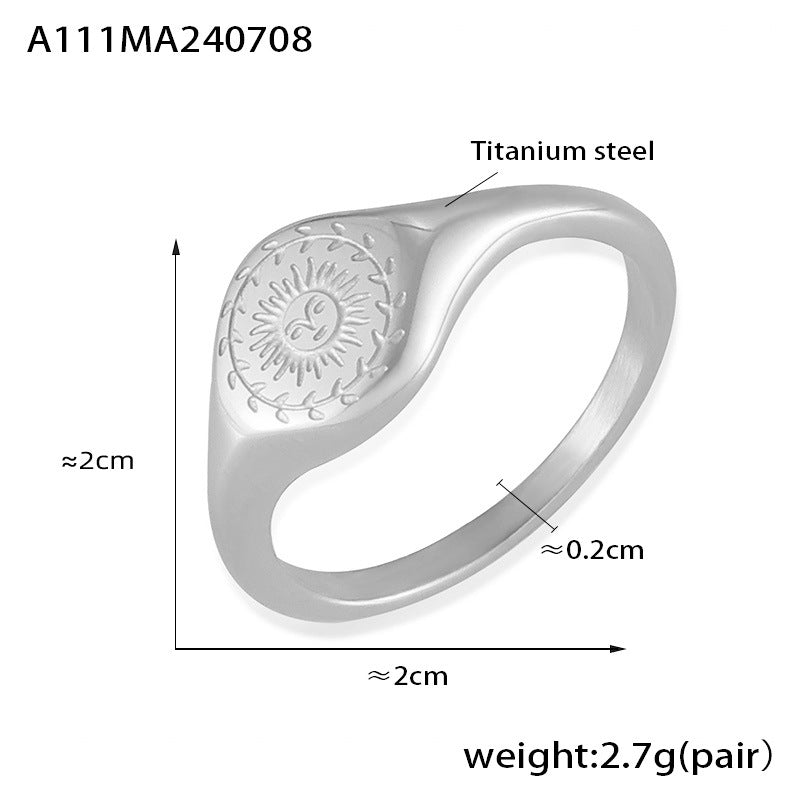 Hot selling European and American style sun patterned carved goddess statue ring with simple retro design titanium steel plated with 18k gold